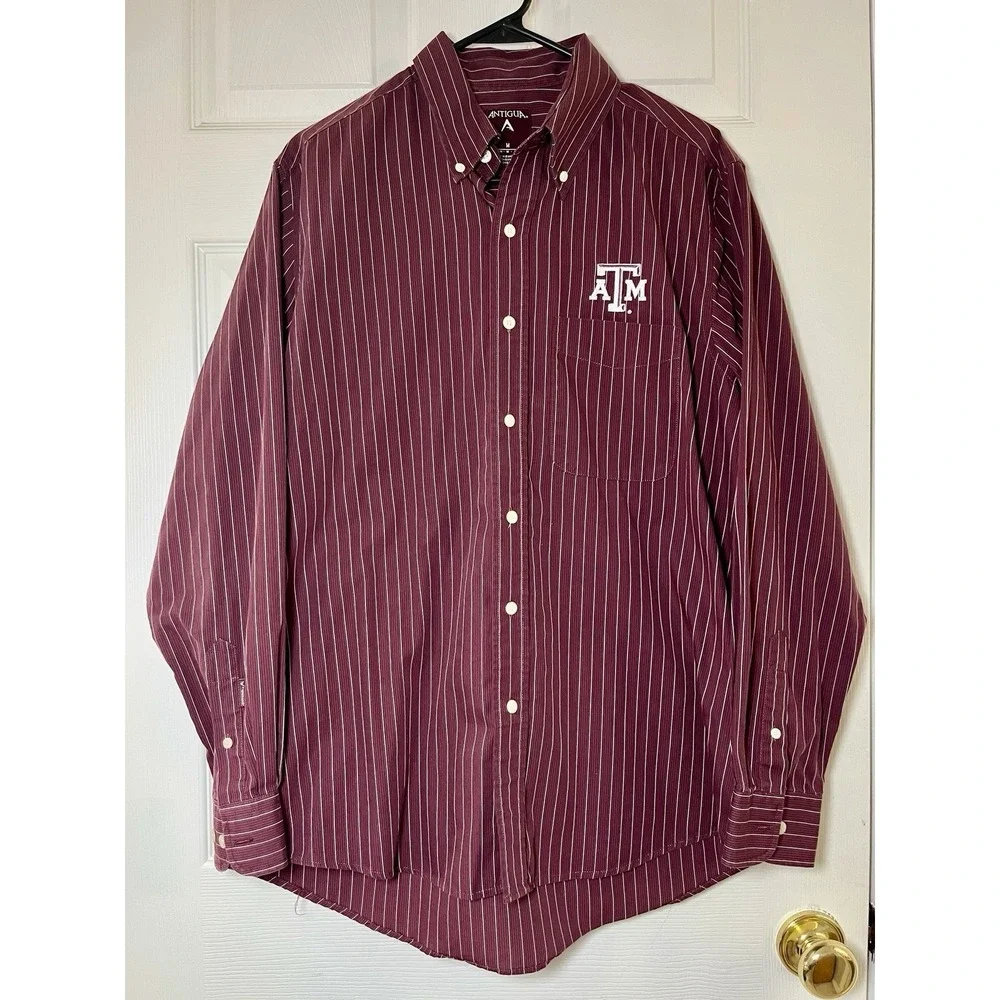 Texas A&M Aggies Antigua Button Down Shirt Men's M Maroon Stripes Long Sleeve - Picture 3 of 14